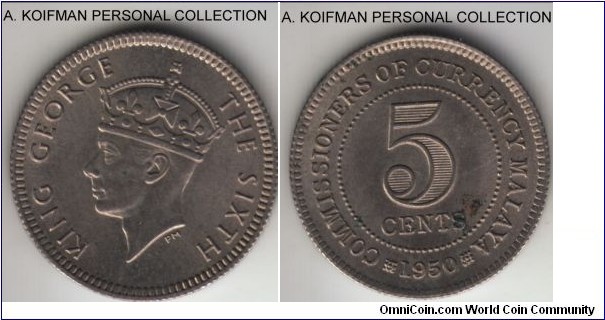 KM-7, 1950 Malaya 5 cents; copper-nickel, reeded edge; uncirculated, but a bit dirty.