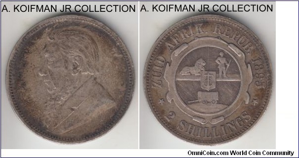 KM-6, 1895 Zuid-Afrikkansche Republiek (ZAR) South Africa 2 shillings; silver, reeded edge; Boer Republic issue, scarcer year, about very fine, darker toning.