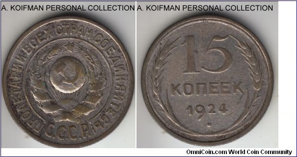 Y#87, 1924 Russia (USSR) 15 kopeks; silver, reeded edge; good fine to about very fine.