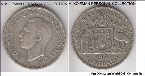 KM-48, 1952 Australia florin, Melbourne mint (no mint mark); silver, reeded edge; average circulated , fine or better.