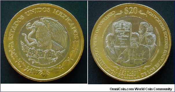 Mexico 20 pesos.
2017, Constitution centennial. Bimetal.