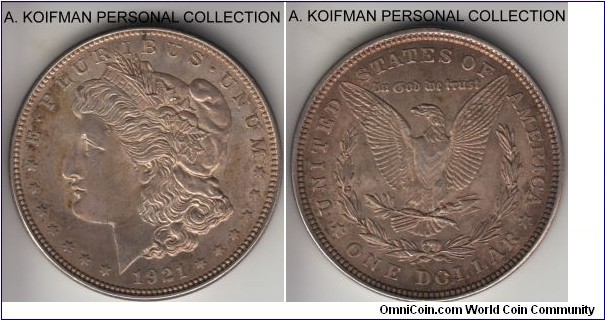 KM-110, 1921 Unites States of America dollar, Philadelphia mint (no mint mark); silver, reeded edge; last year of Morgan type, pleasantly toned uncirculated or almost.