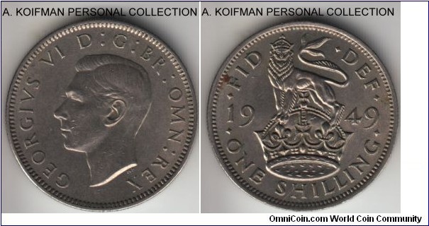 KM-876, 1949 Great Britain shilling; copper-nickel, reeded edge; English creast, about uncirculated, with lustre remaining, tougher 3 year type.