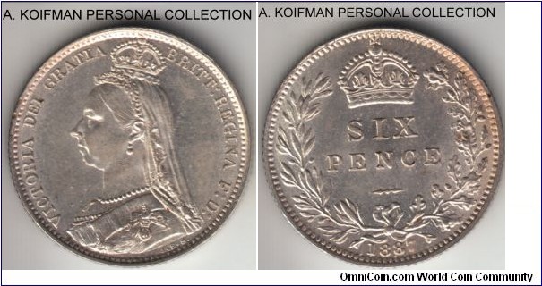 KM-760, 1887 Great Britain 6 pence; silver, reeded edge; small veiled bust type, bright almost uncurculated, just a touch of contacts marks and toning on obverse, reverse is as struck.