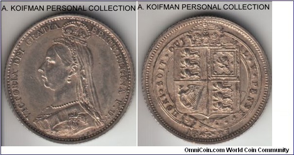 KM-759, 1887 Great Britain 6 pence; silver, reeded edge; veiled head and shield type, withdrawn one year type, about uncirculated, obverse possibly cleaned or wiped.