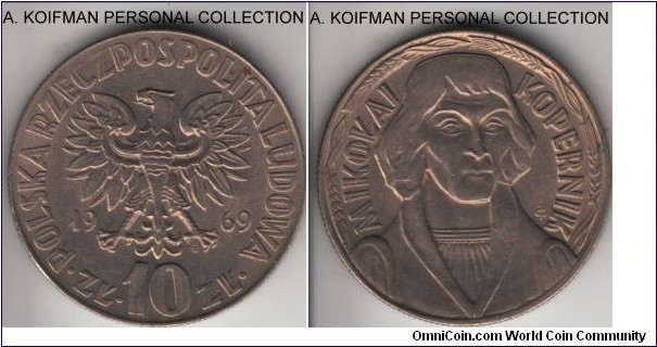 Y#51a, Poland 1969 10 zlotych; Warsaw mint (MW mint mark); copper-nickel, reeded edge; toned average uncirculated, Kopernik commemorative, was minted 3 years from 1968 through 1970.