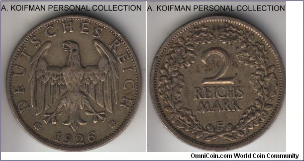 KM-45, 1926 German Weimar Republic 2 reichsmark, Mildenhutten mint (E mint mark); silver, reeded edge; dark toned, very fine.