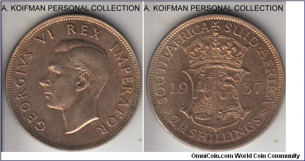 KM-30, 1937 South Africa (Dominion) 2 1/2 shillings; silver, reeded edge;first year of George VI and of the type minted, extra fine or about.