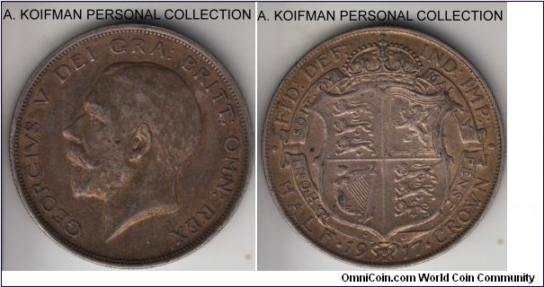 KM-818.1, 1917 Great Britain 1/2 crown; silver, reeded edge; extra fine with the toning really highlighting all of the design details.