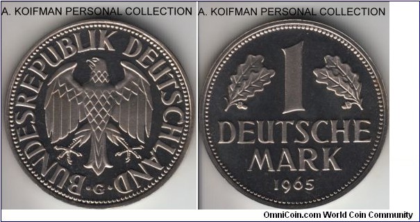 KM-110, 1965 German mark, Karlsruhe mint (G mint mark); proof, copper-nickel, plain ornamented edge; smaller mintage of 1,200 pieces, nice cameo.