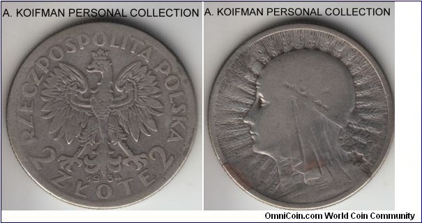Y#20, 1934 Poland 2 zlotych, no mint mark; silver, reeded edge; well circulated but last and much scarcer year of the 3-year type.