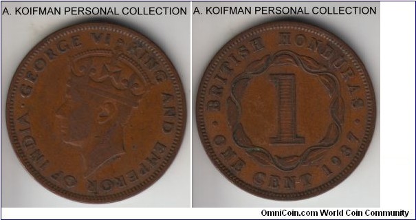 KM-21, 1937 British Honduras cent; bronze, plain edge; George VI first year mintage, fine, mintage just 80,000.