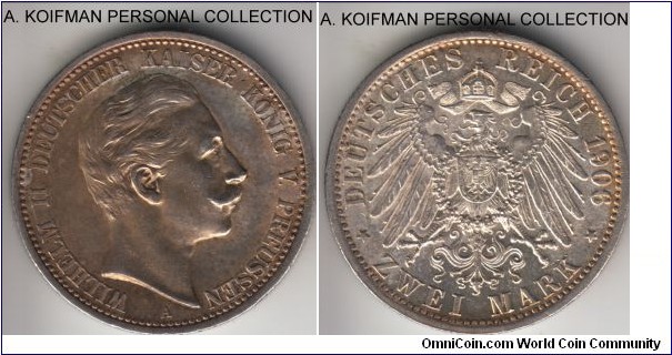KM-522, 1906 German States Baden 2 marks, Berlin mint (A mint mark); silver, reeded edge; uncirculated or almost, nice luster, few bag marks, pleasantly looking coin.