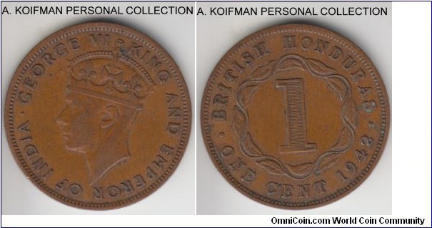 KM-21, 1942 British Honduras cent; bronze, plain edge; George VI war time issue, typically small mintage of 50,000, circulated but better grade which is scarce for the type and year, very fine.