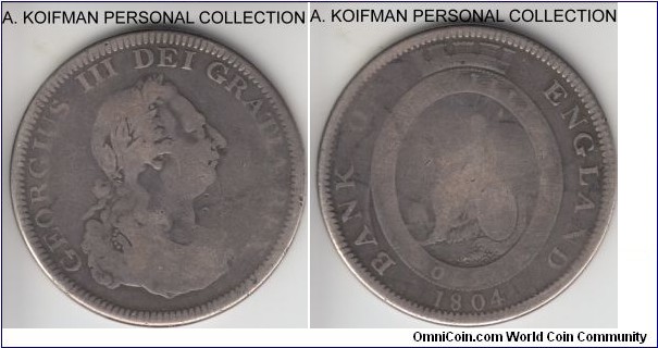 KM-Tn1, 1804 Great Britain dollar bank token; silver, plain edge; about very good, slightly bent very large coin, unusual and uncommon issue, look to be original, not one of the later fakes.