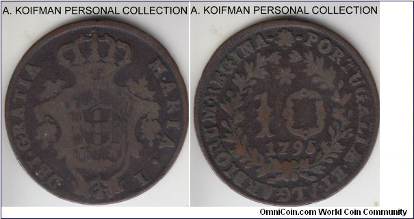 KM-5, 1795 Azores 10 reis, copper, plain edge; very good or about, small mintage.