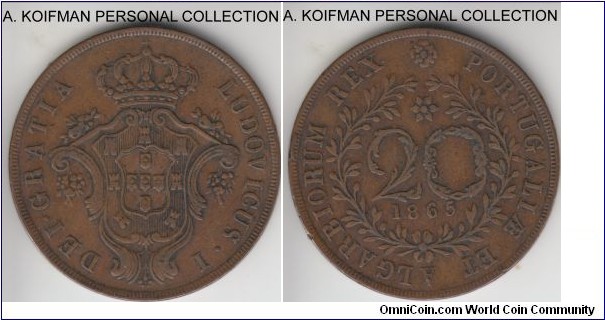 KM-15, 1865 Azores 20 reis; copper, plain edge; scarcer no dots reverse variety, very fine.