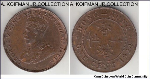 KM-16, 1924 Hong Kong cent, Royal mint (no mint mark); bronze, plain edge; George V, relatively common year, average uncirculated, mostly brown.