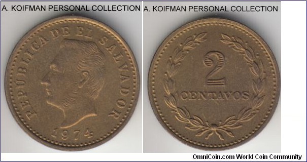 KM-147, 1974 El Salvador 2 centavos, Paris mint (no mint mark); nickel-brass, plain edge; one year type, uncirculated, starting to tone.