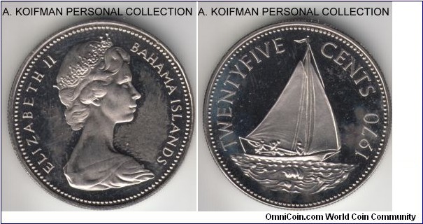 KM-6, 1970 Bahamas 25 cents; proof, copper-nickel, reeded edge; topned mishandled proof, mintage 23,000.