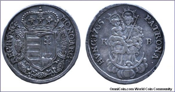 Hungary, 1/2 Thaler, 1705, Ag, 36mm, 14.27g, MM: KB (Körmöcbánya, Kremnitz), Rákóczi Independence War issue.