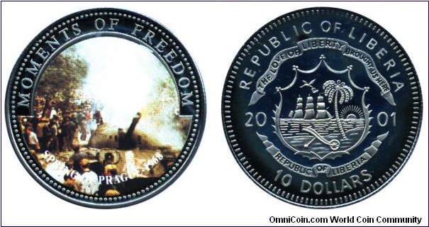 Liberia, 10 dollars, 2001, Cu-Ni, colored coin, 38.6mm, 28.5g, Moments of Freedom: Spring of Prague - 1968.