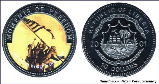 Liberia, 10 dollars, 2001, Cu-Ni, colored coin, 38.6mm, 28.5g, Moments of Freedom: The End of World War II - 1945.