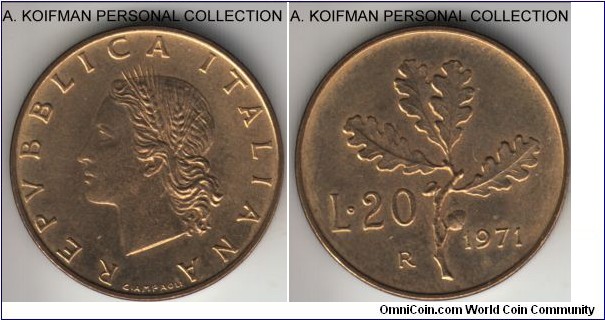KM-97.2, 1971 Italy 20 lire, Rome mint (R mint mark); aluminum-bronze, plain edge; common coin, uncirculated.