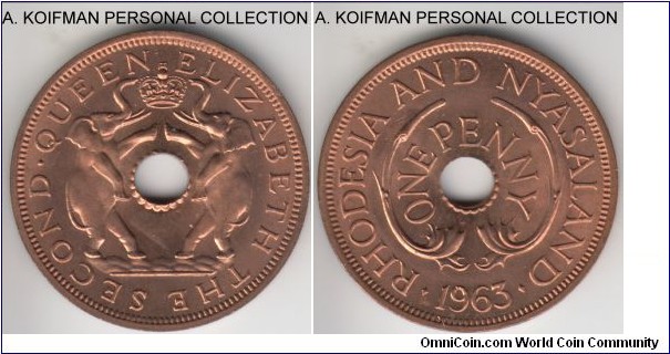 KM-2, 1963 Rhodesia & Nyasaland penny; bronze, plain edge; red uncirculated, great looking coin.