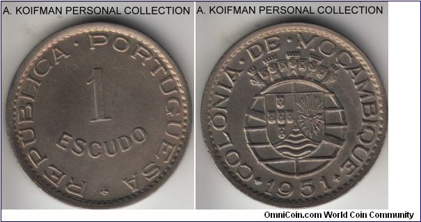 KM-77, 1951 Portuguese Mozambique (Colony) escudo; nickel-bronze, plain edge; scarcer 2 year type, despite large mintages, coin in in high grade, but was either struck using recently cleaned dies or was actually clened on obverse and retoned, some striations of hairlines are visible.