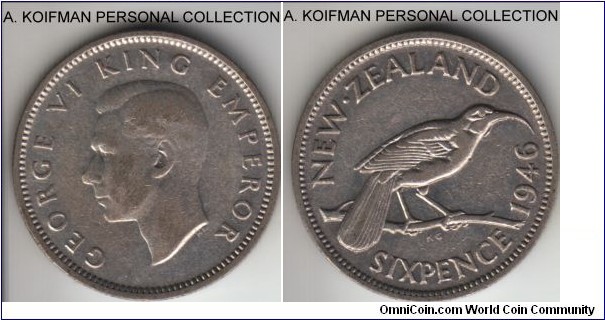 KM-8, 1946 New Zealand 6 pence; silver, reeded edge; last year of silver coinage, good fine to very fine.