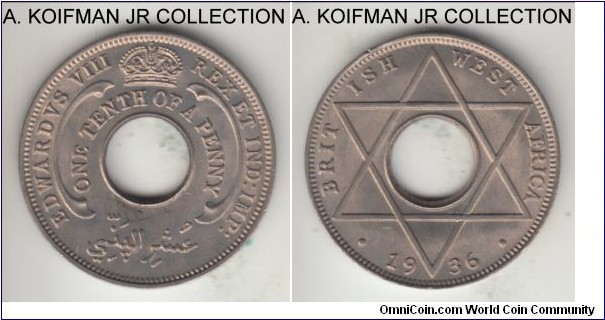 KM-14, 1936 British West Africa 1/10 penny, Royal Mint; copper-nickel, holed flan, plain edge; Edward VIII issue, common but nice bright choice to gem uncirculated.