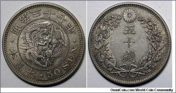 Japan, 1904 (Year 37) 50 Sen, .800 Silver, Y#25.