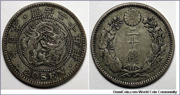 Japan, 1892 (Year 25) 20 Sen, .800 Silver, Y#24.