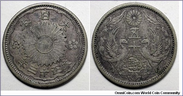 Japan, 1924(Year 13), 50 Sen, .720 Silver, Cleaned, Y#46