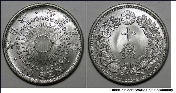 Japan, 1916(Year 5) 10 Sen, .720 Silver, Y#36.2.