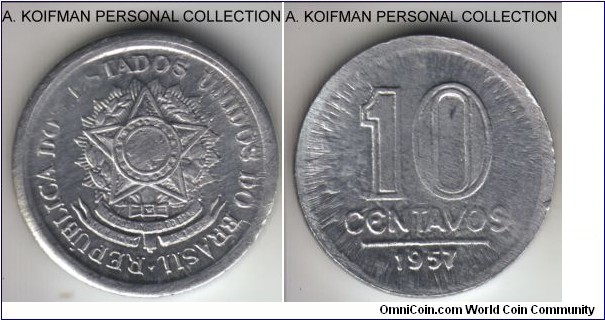 KM-564, 1957 Brazil 10 centavos; aluminum, plain edge; crude stricking with some details smudged and some not fully struck, someof the worst manufactured coins I've seen, partially due to its smaller size.