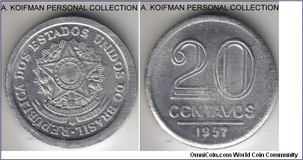 KM-565, 1957 Brazil 20 centavos; aluminum, plain edge; crudely struck, uncirculated.