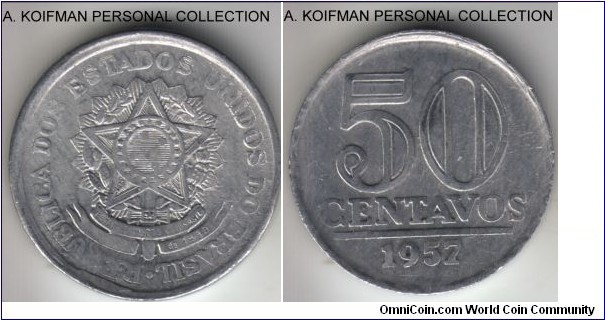 KM-569, 1957 Brazil 50 centavos; aluminum, plain edge; crudely and weakly struck, but uncirculated.