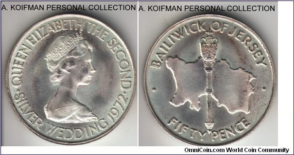 KM-35, 1972 Jersey 50 pence; silver, reeded edge; about uncirculated or so, bright white with some toning, mintage 24,000.
