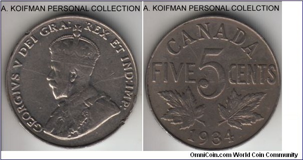 KM-29, 1934 Canada 5 cents; copper-nickel, plain edge, circulation, fine or so, a few dings.