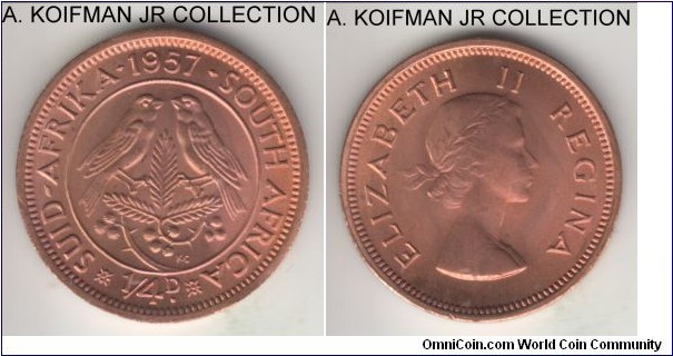 KM-44,1957 South Africa (Dominion) farthing; bronze, plain edge; Elizabeth II, choice red uncirculated.