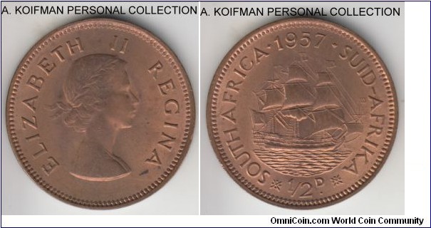 KM-45,1957 South Africa (Dominion) half penny; bronze, plain edge; red brown, more red, especially on reverse, average uncirculated.