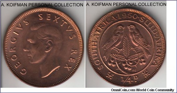 KM-32.1, 1950 South Africa (Dominion) 1/4 penny (farthing); bronze, plain edge; mostly red uncirculated, a hint of toning on reverse.