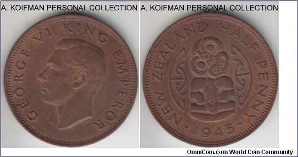 KM-12, 1945 New Zealand half penny; bronze, plain edge; dark good extra fine.