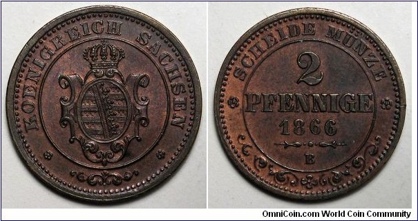 German States-Saxony Albertine, 1866-B 2 Pfennige, KM#1217.