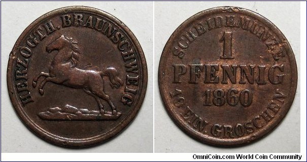 German States-Brunswick-Wolfenbüttel, 1860 1 Pfennig, KM#1154. 307,000 Mintage.