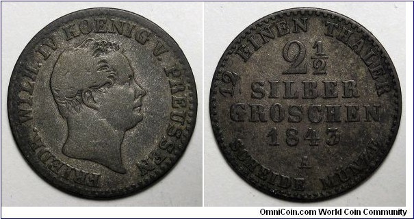 German States-Prussia, 1843-A 2½ Silber Groschen, .375 Silver, KM#444.