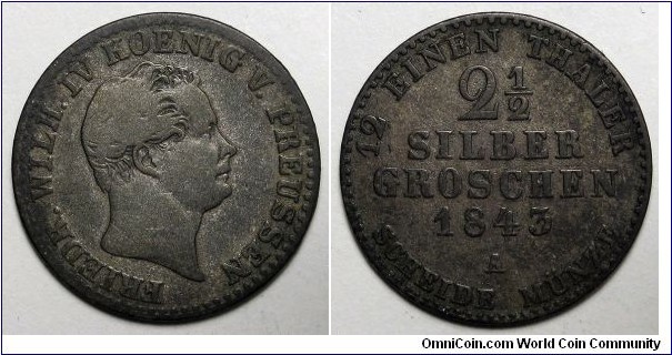 German States-Prussia, 1843-A 2½ Silber Groschen, .375 Silver, KM#444.