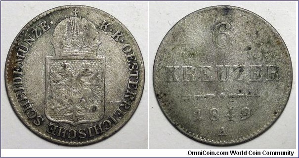 Austria-Habsburg, 1849-A 6 Kreuzer, .4375 Silver, KM#2200.